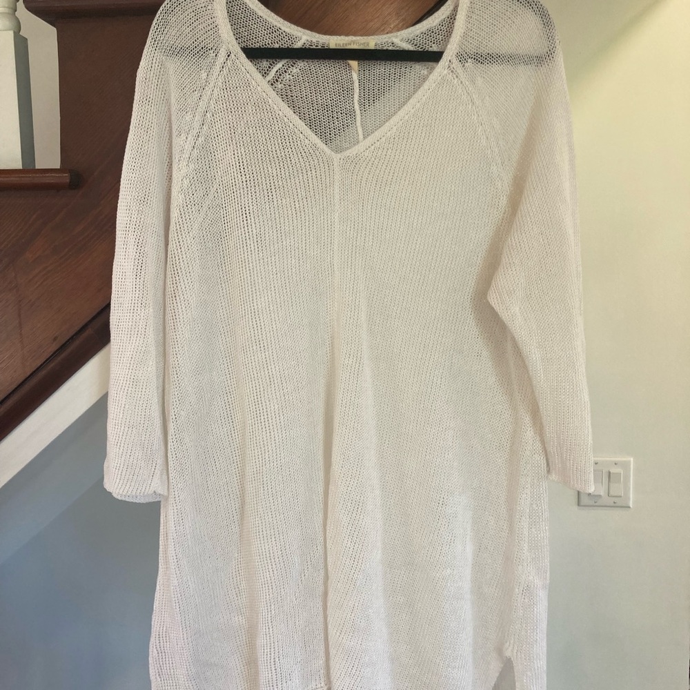 White Knit V-Neck Sweater, 100% Organic Linen